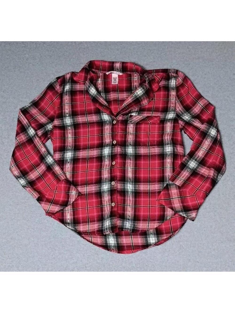 Victoria Secret Long Sleeve Button Up Womens Size XS Red Plaid With Shimmer...